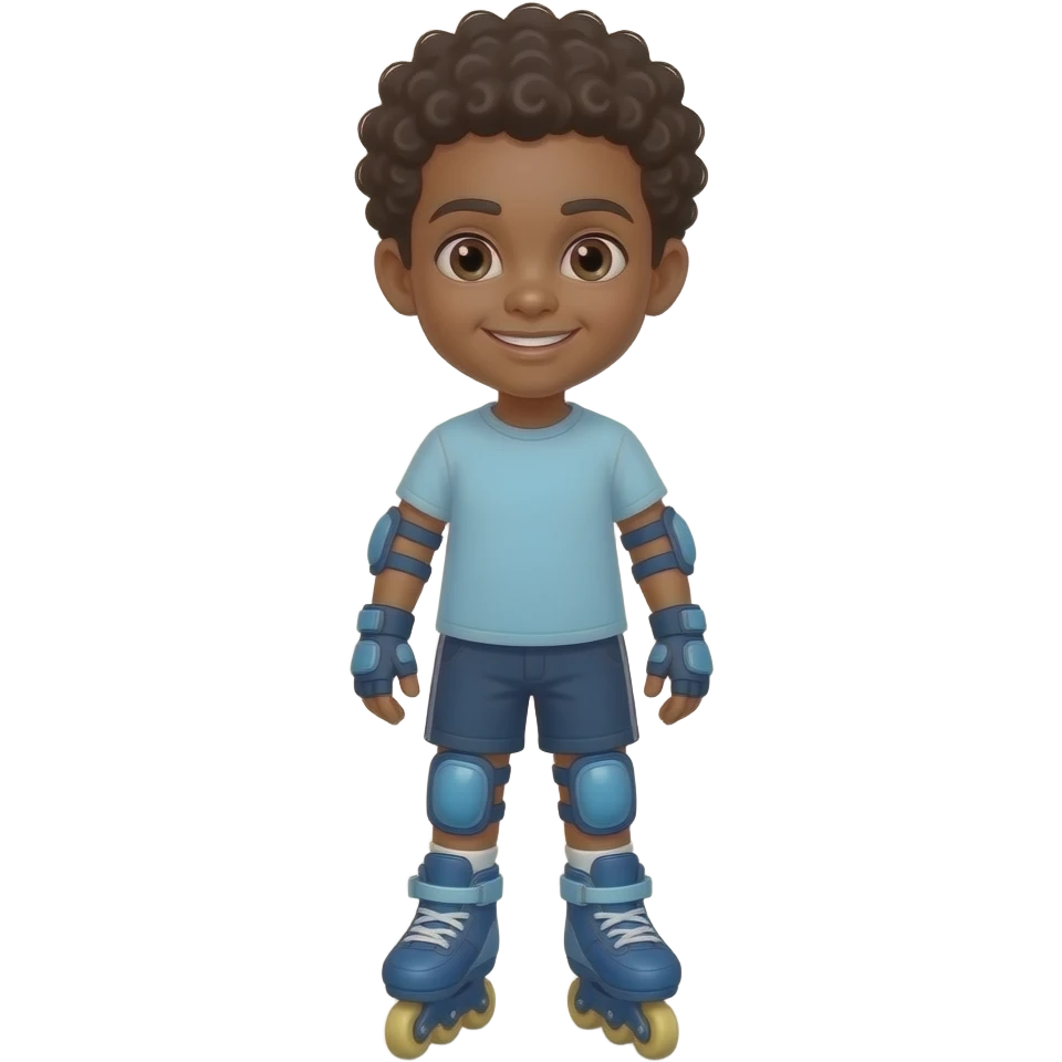 Child black boy curly hair, standing upright, wearing blue elbow pads and knee pads, with blue  roller skates, ready-to-play expression, front-facing pose. emoji