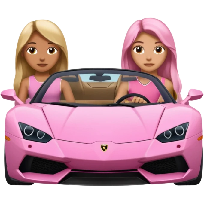 Make car far away so I can see full car Car facing forward in sports car. Make hair long  two girls in car far away Front of car sitting in the seats. Make it a pink sports car. They are two baddies make it a Lamborghini pink car  emoji