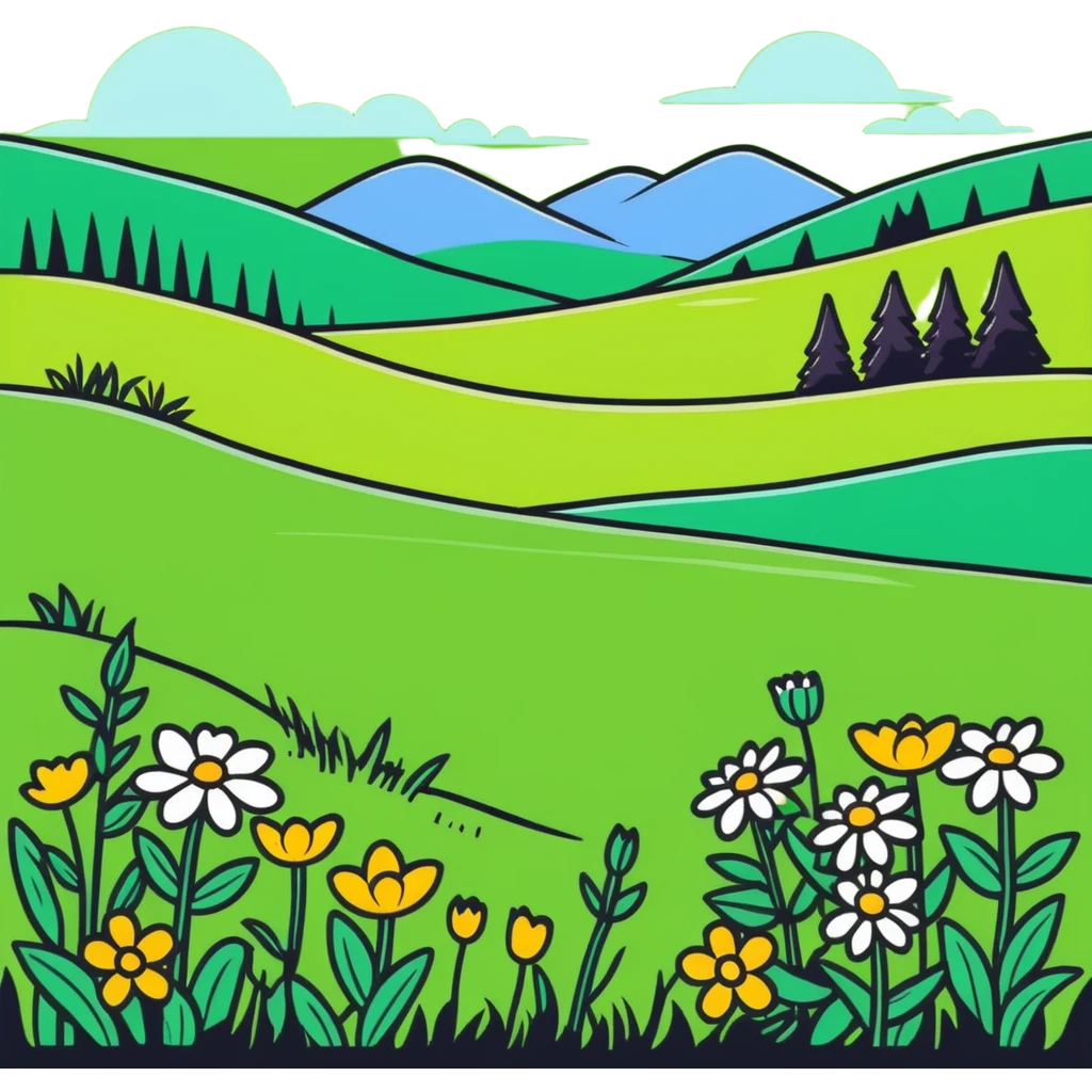 a lush green meadow with wildflowers, cartoonish sticker style emoji