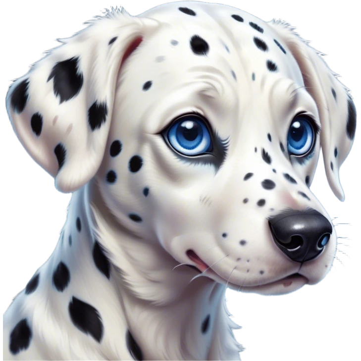 Cinematic Cute Spotted Dalmatian Portrait Emoji, Head tilted playfully and inquisitively, featuring a glossy Fur of predominantly white with dynamic black patches, round, sparkling blue eyes filled with gentle curiosity, Simplified yet irresistibly adorable features, highly detailed, glowing with a warm, friendly glow, high shine, affectionate and gentle, stylized with a touch of whimsy, bright and endearing, soft glowing outline, capturing the essence of a mischievous yet loving pup, so playful it feels like it could lumber out of the screen and into your arms! emoji