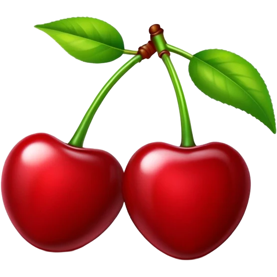 Pair of glossy red cherries with green stem, fruit emoji