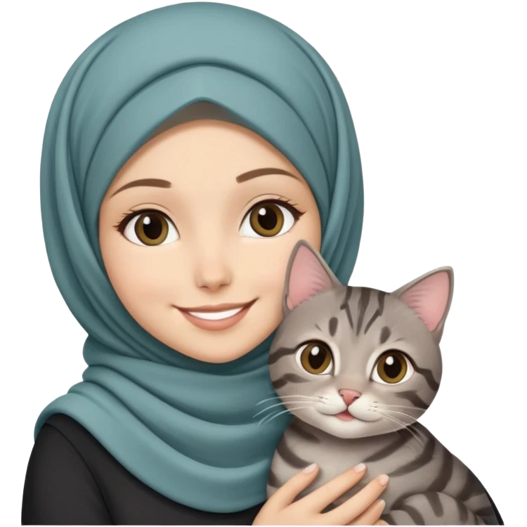 White girl wearing hijab smiling while holding a black grey tabby cat emoji
