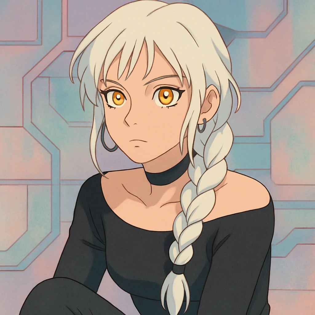 closeup portrait of young woman with gold yellow eyes, white hair in a long braid, black off-shoulder top, punk gothic style, futuristic cyberwave, sitting position, soft pastel color palette, ghibli style emoji