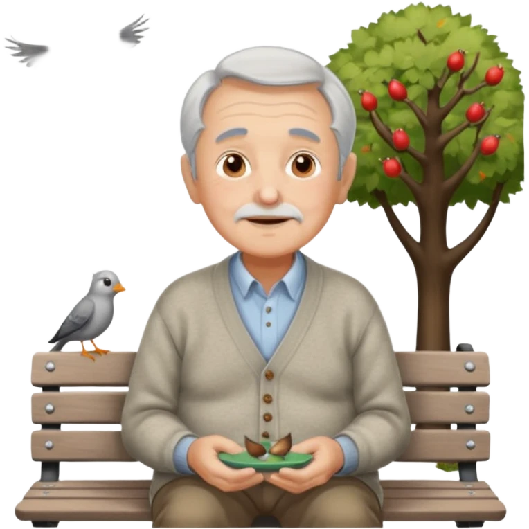 retired man feeding birds, gentle expression, cardigan sweater, sitting on a park bench emoji
