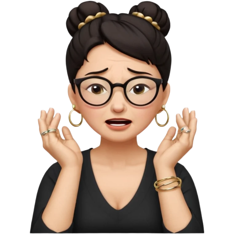  middle aged woman with dark hair pulled up in a high bun, wearing round ring earrings and glasses with a very painful expression on her face, eyes squeeed shut, wincing in pain,covering her ears with her hands, trying to not hear a terrible singer who is too loud and out of tune.  emoji