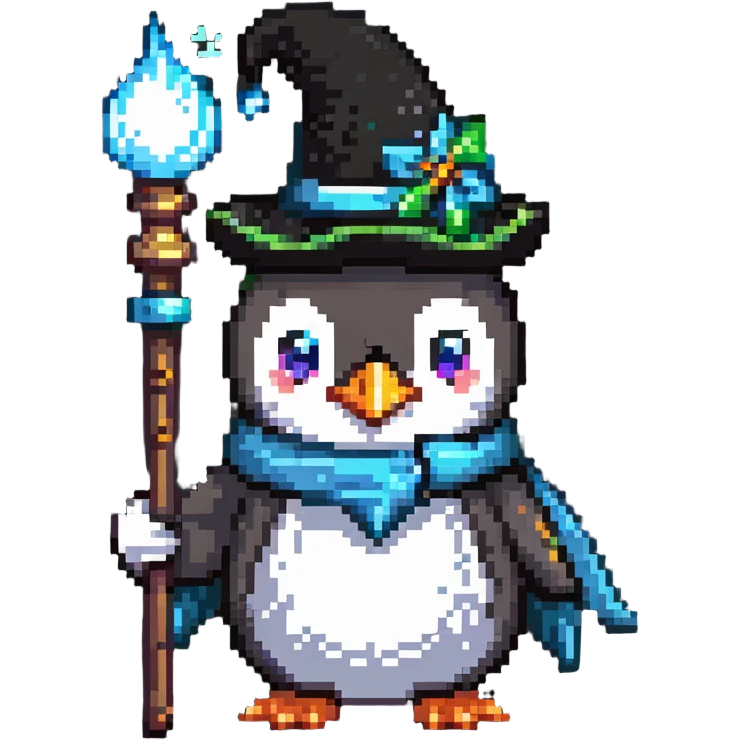 penguin wizard with a pointy hat and magic staff emoji