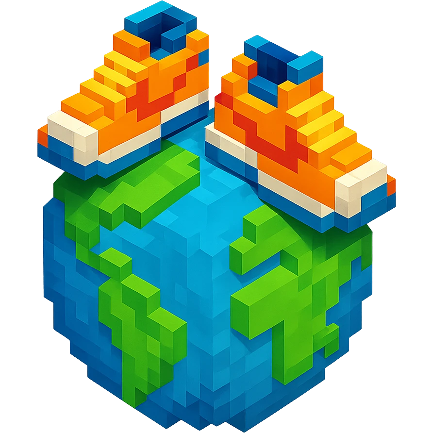 isometric view of Earth globe with a pair of Nike Cortez sneakers walking on top, voxel style emoji