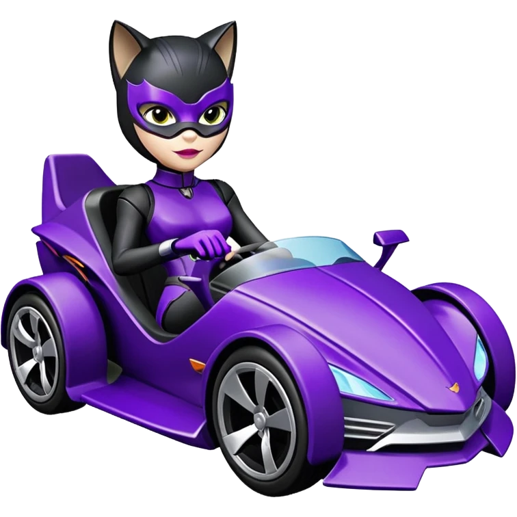 Hot wheels comical Cat Woman’s stealth burglar sporty futuristic pursuit mobile two seater car (reclined seating position) emoji