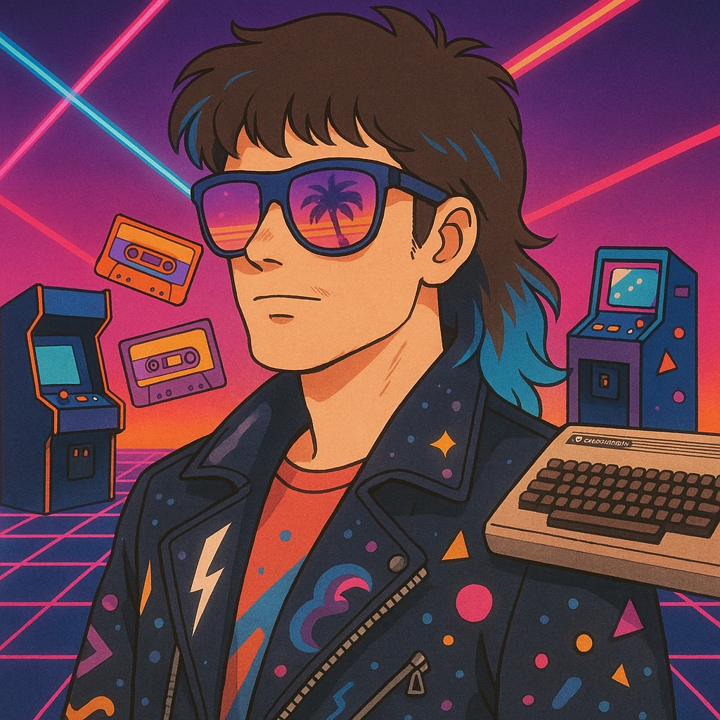 80s retro-futurism male portrait with mullet haircut with neon blue tips, airbrushed sunglasses with pink-purple gradient and palm/sunset reflection, leather jacket with lightning, cosmic, and Memphis Design patterns, neon gradient background with perspective grid, laser beams, cassettes, arcade games, Commodore 64, MTV-era palette emoji