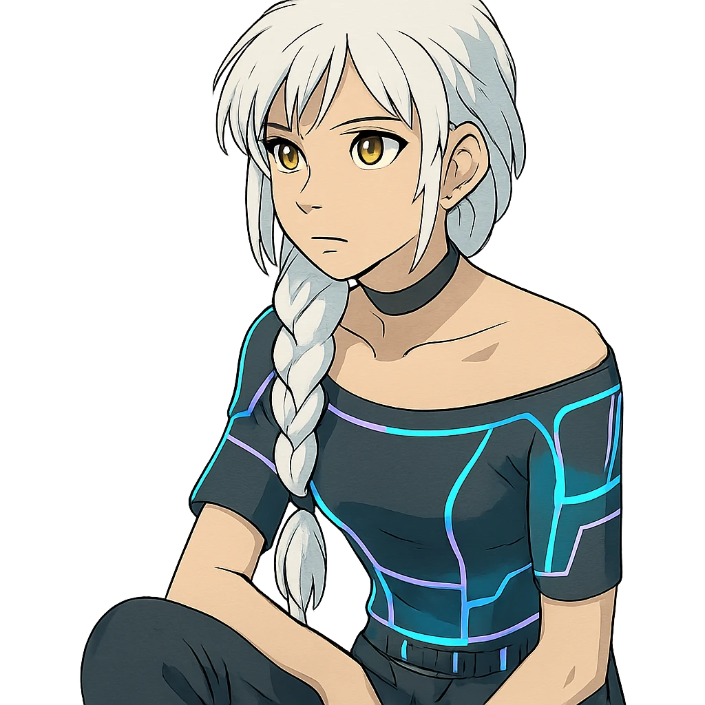closeup portrait of young woman with gold yellow eyes, white hair in a long braid, black off-shoulder top, punk gothic style, futuristic cyberwave, sitting position, ghibli style emoji