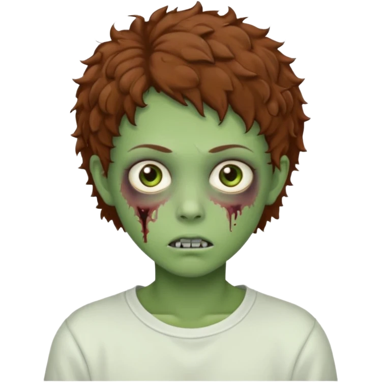  green teen zombie with  brown short curly hair and brown eyes wearing a white sweat emoji