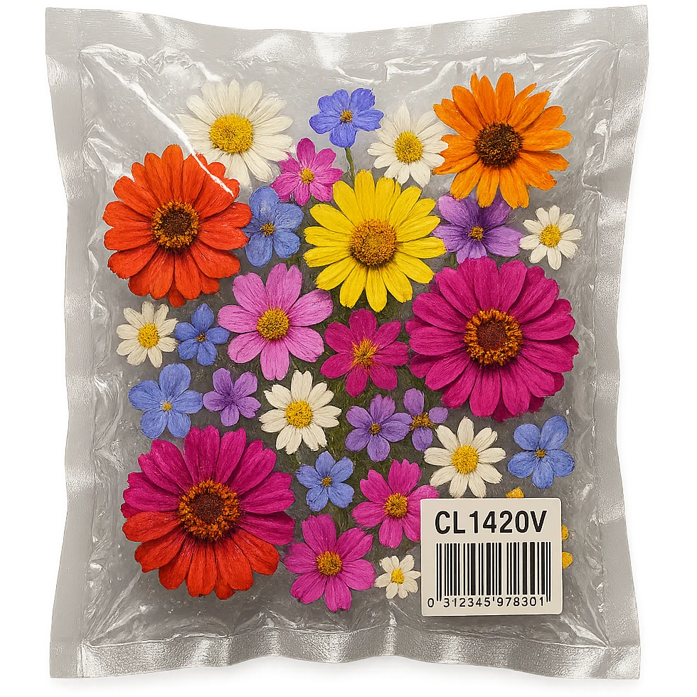 variety of small flowers in different colors, glossy, vacuum-sealed style emoji