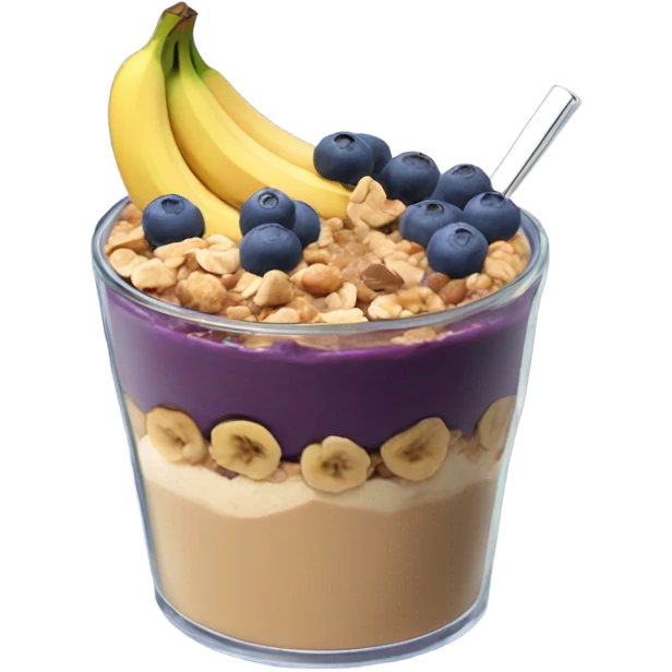 Açai bowl in a clear cup with layers of peanut butter, cashew nuts, granola, condensed milk and banana sliced and blueberrys on top emoji
