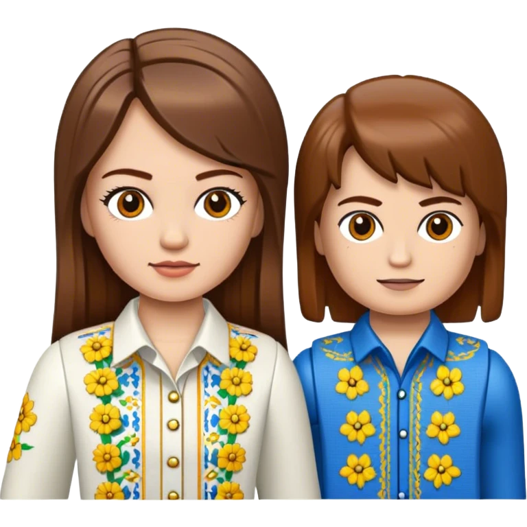 a Ukrainian girl with brown hair in an embroidered shirt and a Ukrainian boy in an embroidered shirt and Lego bricks emoji