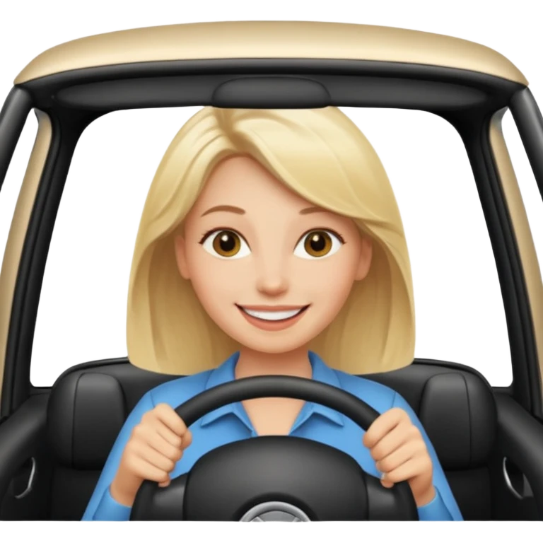 blonde woman driving car. Happy face confidence emoji