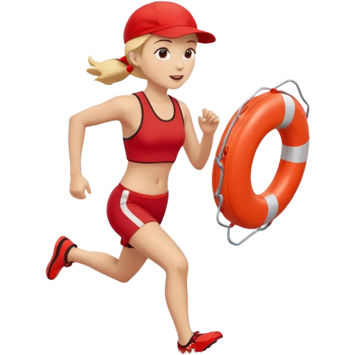 Female lifeguard – red cap, running along shore with rescue buoy emoji