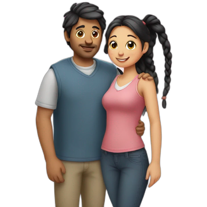 Man loves woman with pigtails, heart between them emoji
