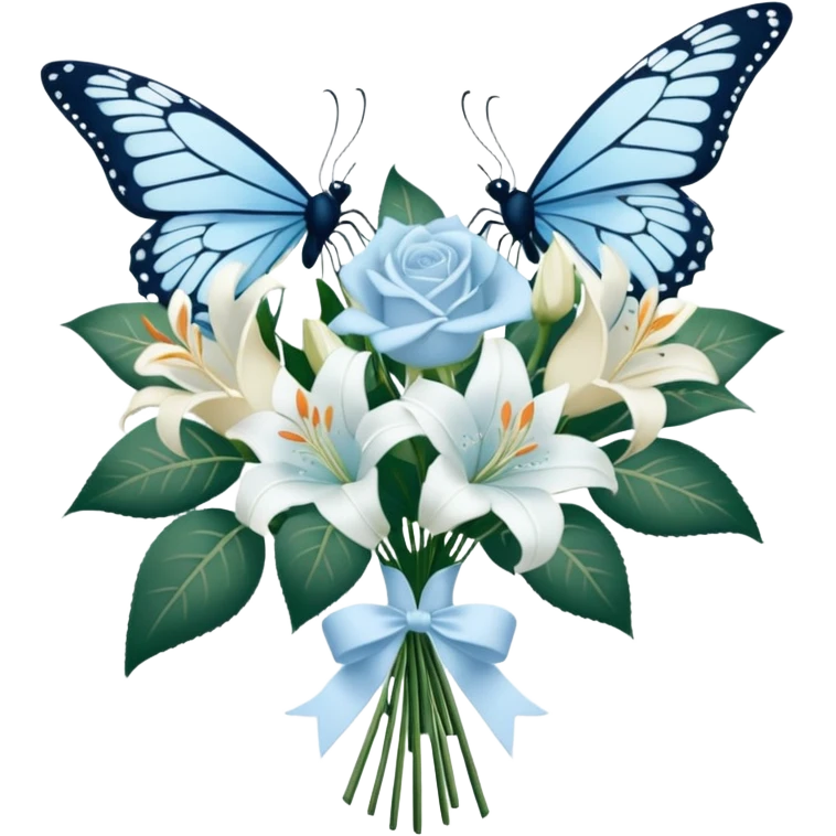 A classic bouquet of pale blue roses, delicate white lilies, and trailing jasmine, tied together with an embroidered ivory ribbon. A butterfly with lace-like wings hovers nearby, casting a soft, intricate shadow over the bouquet. emoji