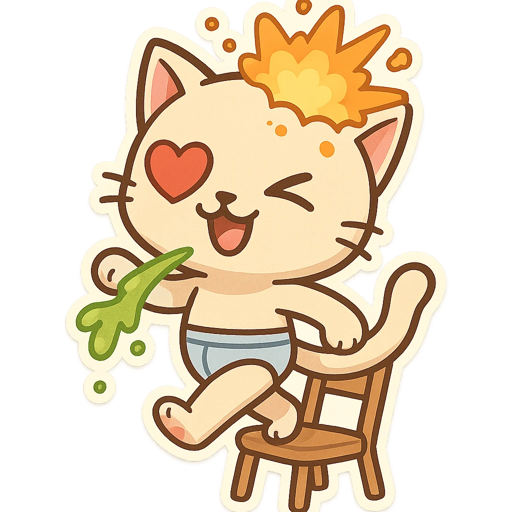 playful cat with a big sausage, one heart eye, green vomit from its leg, exploding head, wearing underwear, strutting on a chair emoji