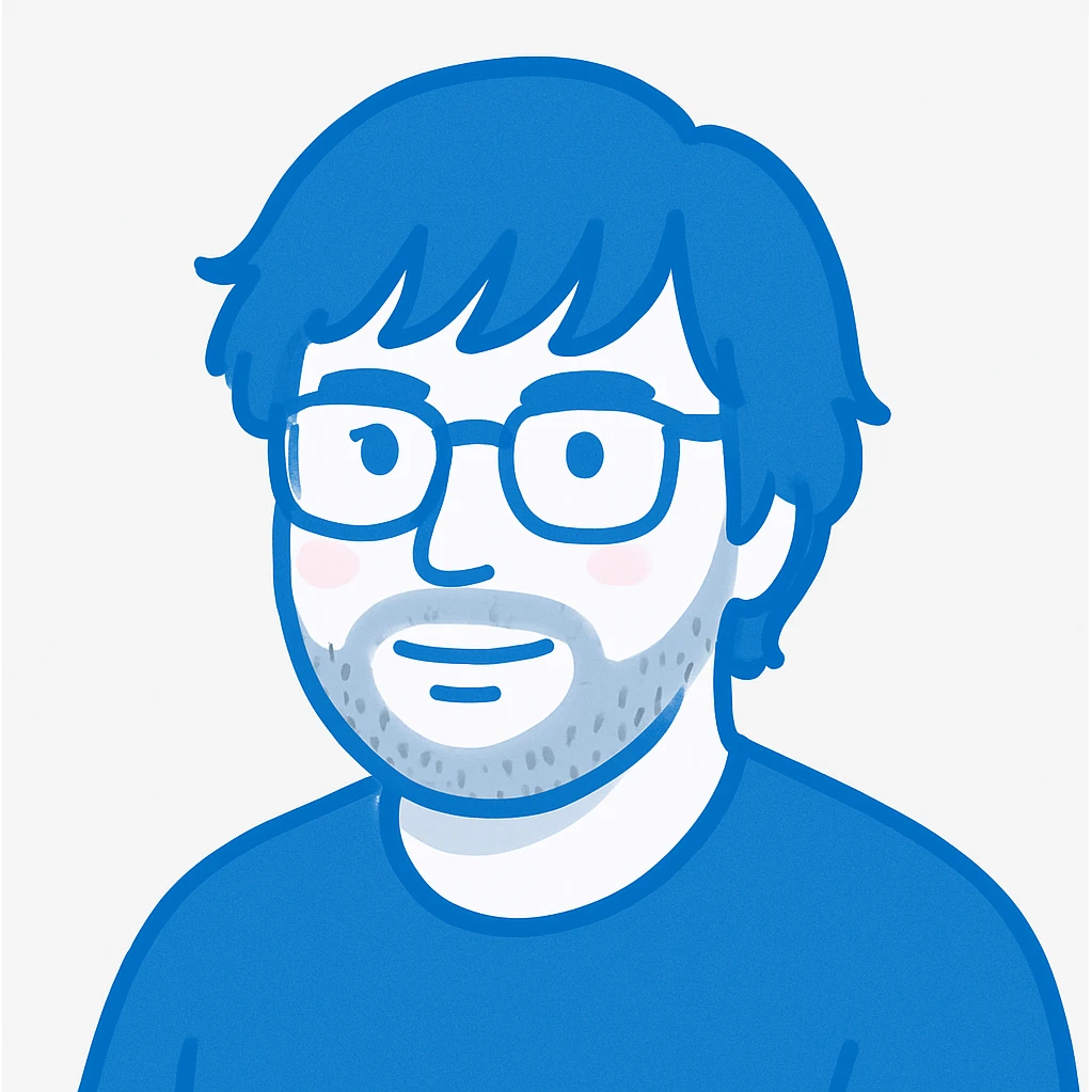 A man with stylish glasses, attractively disheveled longer hair that still looks nicely styled with perfect bangs across the forehead, a round face shape, and a broader nose. Use standard bright blue for all primary outlines and details, very subtle pink highlights restricted to the cheeks, and gray tones used only for the beard and minimal shadow details where necessary. emoji