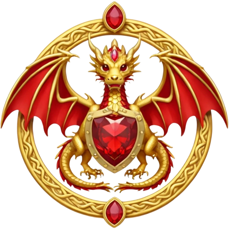 Golden Dragon with wings crest/brosch in a circle with red gems emoji