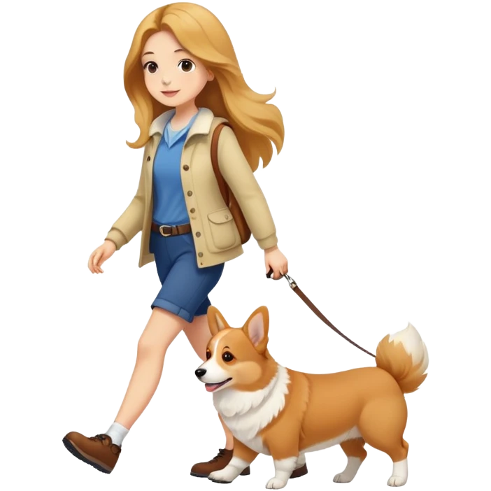 A long-haired girl walking a corgi emoji