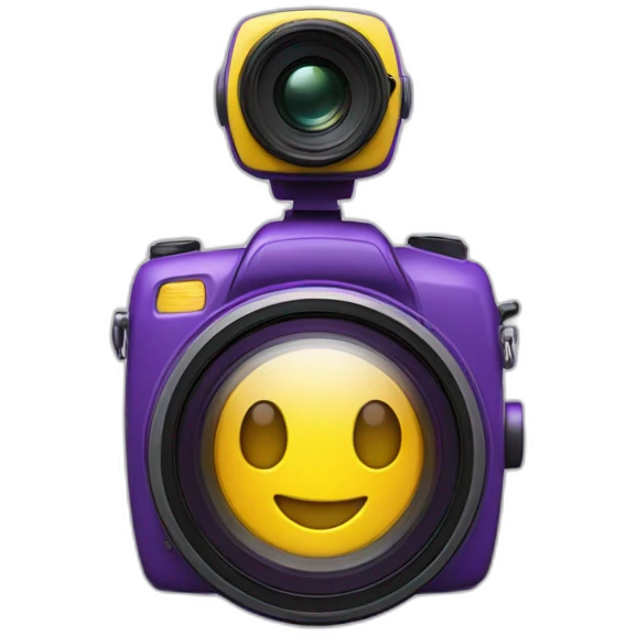 a spherical pixar lens of a camera, purple and yellow is smiling emoji