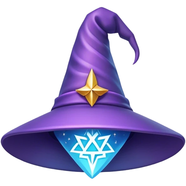Clash of Clans aesthetic: Cinematic Playful Wizard's Hat Emoji, rendered in a 3D vector-style similar to standard emojis with minimal shading and bold, simplified shapes. A compact, isometric pointy hat with a wide brim adorned with mystical symbols and subtle enchanted shimmer, softly glowing with a magical whimsical charm. Simplified yet unmistakably iconic, highly detailed and consistent, glowing with a soft radiant glow and high shine. Stylized with a touch of classic sorcery and a soft glowing outline, capturing the essence of a legendary wizard’s hat with a friendly, playful manner! emoji