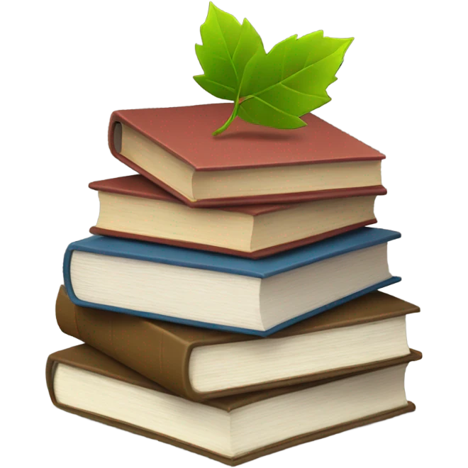 stack of books with leaves scattered around  emoji