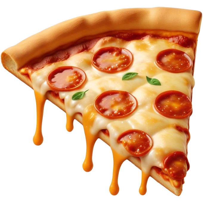 Cinematic cheesy pizza slice, gooey melted cheese stretching as a bite is taken, crispy golden crust, rich tomato sauce, vibrant toppings, warm glowing background, inviting and delicious. emoji