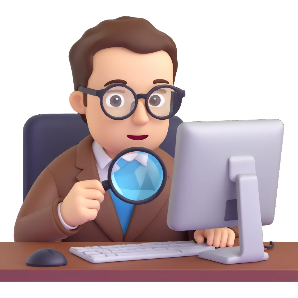 QA engineer at a computer with magnifying glass inspecting code emoji
