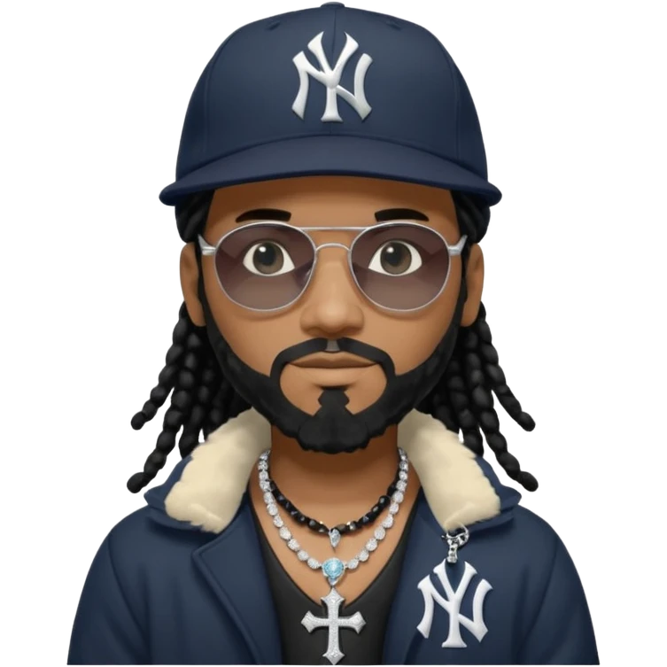 African American man with shoulder length black dreadlocks with black beard wearing black sunglasses wearing a New York Yankees logo baseball cap wearing a black bubble winter coat with diamond cross necklace on his neck emoji