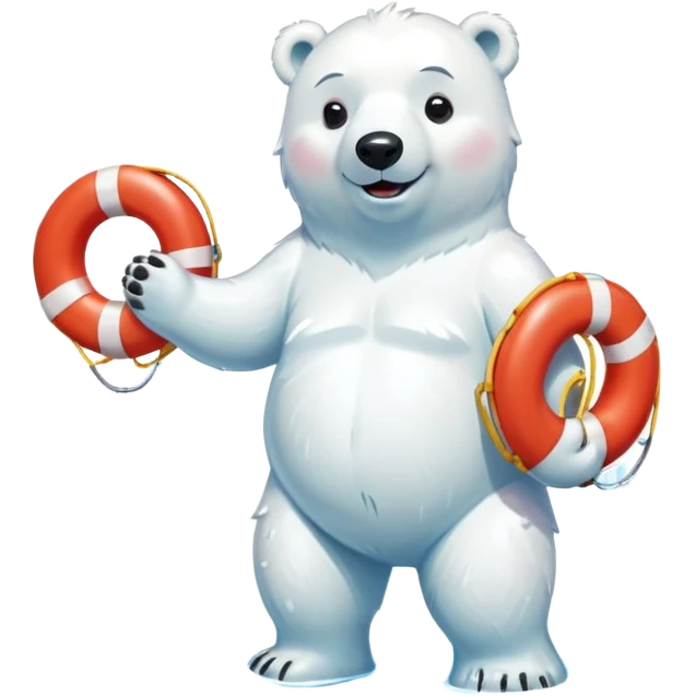 full body friendly anthropomorphised polar bear smiling, wearing colorful swim shorts and swim goggles, standing in a small puddle, holding a red and white life buoy emoji