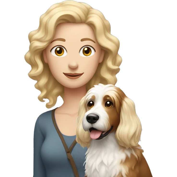 white woman with long blonde hair alongside a tri-colored bernadoodle dog  emoji