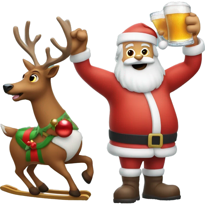 Hyped santa and rudolph holding beers with sled emoji