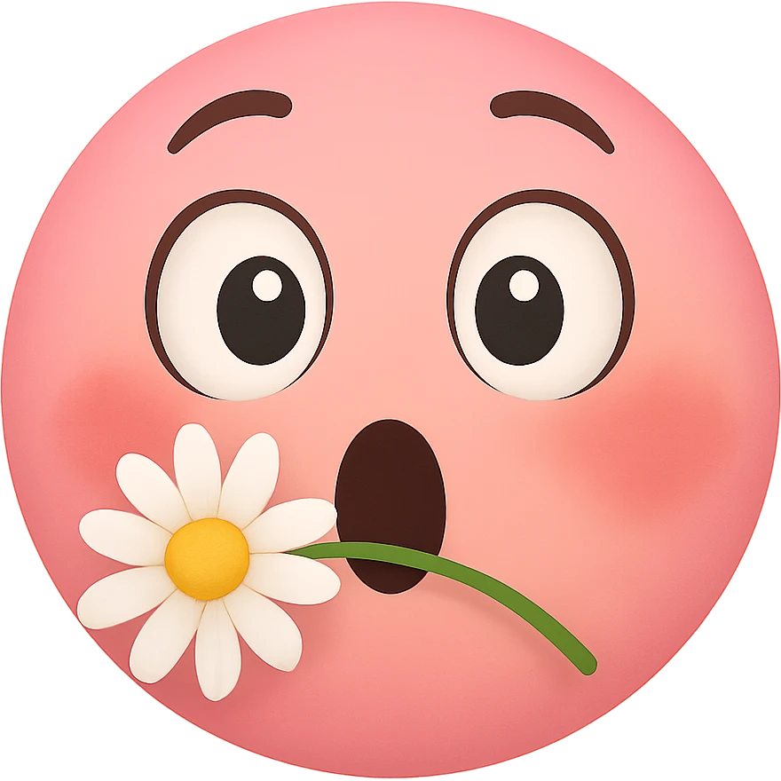 pink emoji face with a daisy in its mouth, wide eyes, blushing cheeks, surprised but happy look emoji