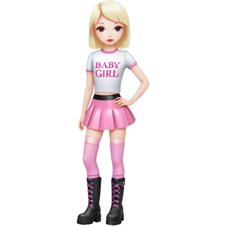 Mini latex skirt and boots and short top with pink inscription “Baby girl” emoji