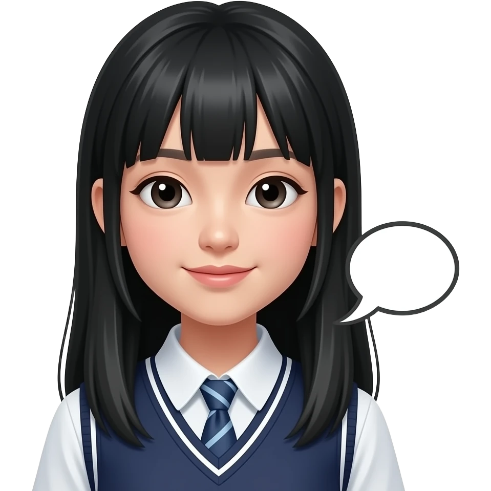 trendy schoolgirl with Asian skin, straight black long hair, and speach bubble emoji