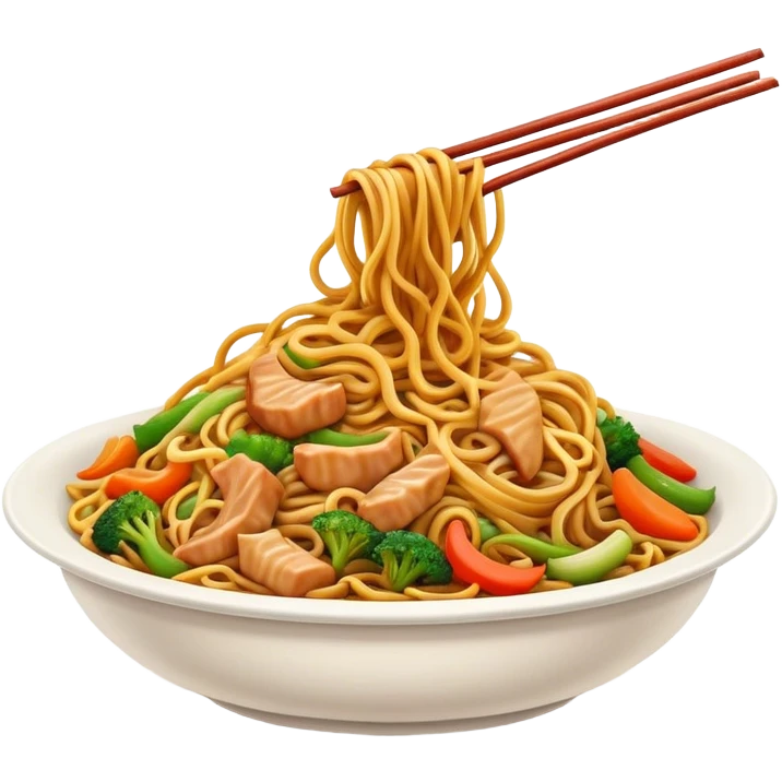 Cinematic Realistic Chow Mein Dish Emoji, showcasing stir‚Äêfried noodles with crisp vegetables and tender meat, rendered with lifelike detail and vibrant, dynamic lighting. emoji