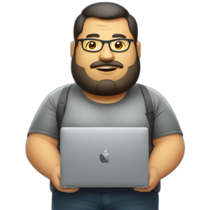 Fat man front end developer with macbook and smoke vape emoji