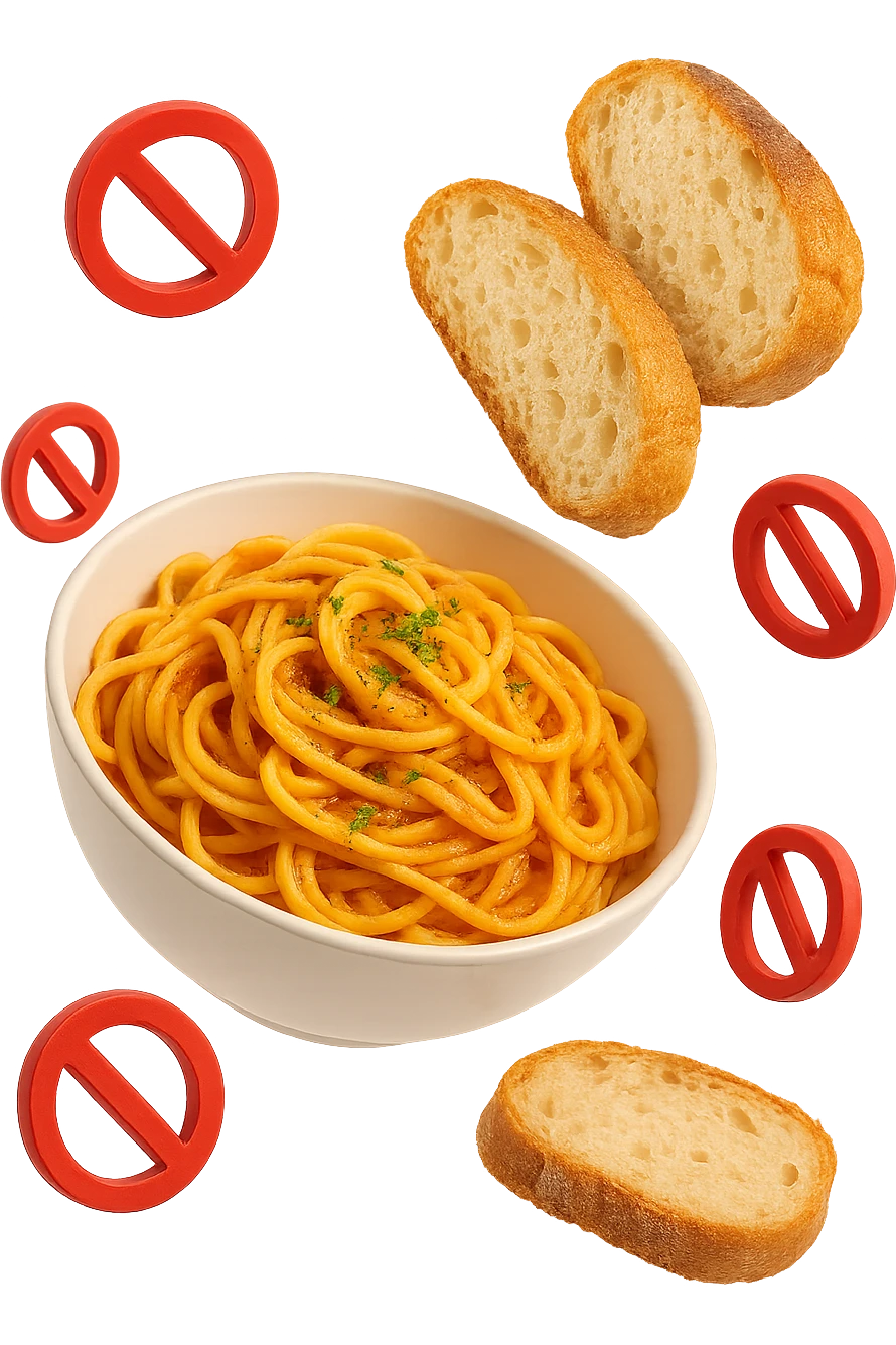 bowl di pasta e fettine di pane che fluttuano in aria con piccoli divieti 3d, sfondo bianco, iperrealistico 4k emoji