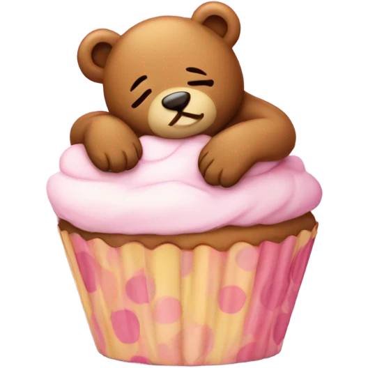 Sleeping teddy bear leaning against a cupcake emoji