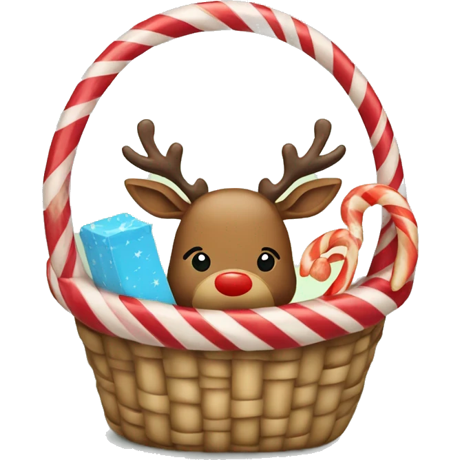 A basket with a candy cane and a reindeer sticking out of it emoji