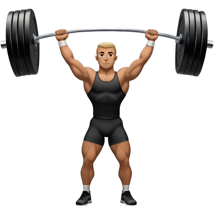 Emblem representing weightlifting with a strong athlete in a classic lifting stance, holding a barbell overhead. Dynamic, powerful pose with a focus on strength. Clean lines, bold silhouette, and transparent background, symbolizing the intensity and discipline of the sport emoji