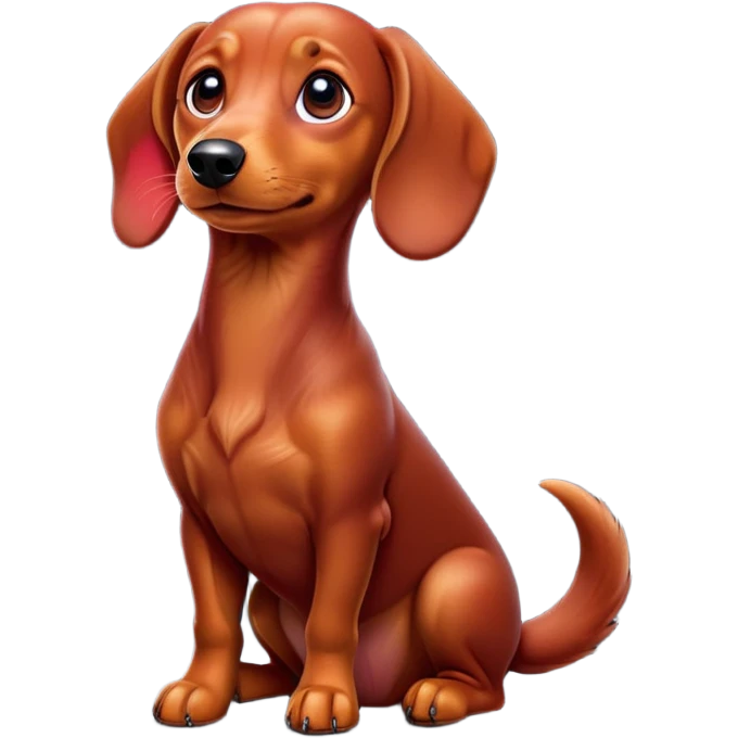cinematic-[dachshund dog]-realistic-full-body-sitting-emoji,-tail-resting-loosely-beside-its-paws,-head-tilted-dramatically,-sleek-[red]-fur,-simplified-yet-realistic-focused-features,-highly-detailed,-glowing-with-an-almost-sarcastic-glow emoji