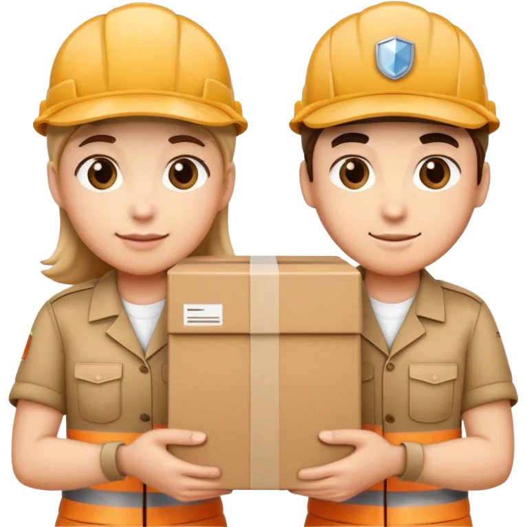 two workers in caps and uniforms holding a large box together emoji