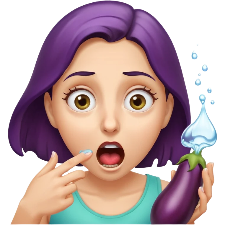 surprised woman with wide eyes, eggplant squirting water as she bites it emoji