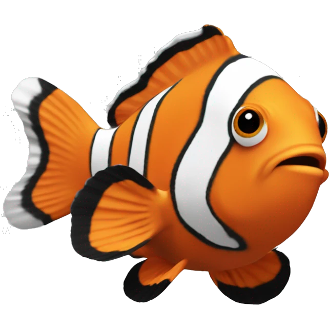 a clownfish in coral reefs and the clownfish has an orange body and black and white stripes. emoji