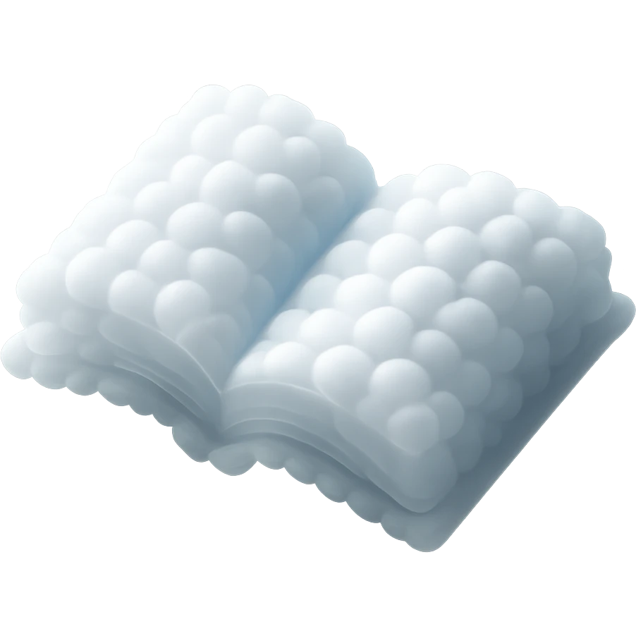 top view of a thick open book made entirely of small, very bright white fluffy convex clouds, matte glass style emoji