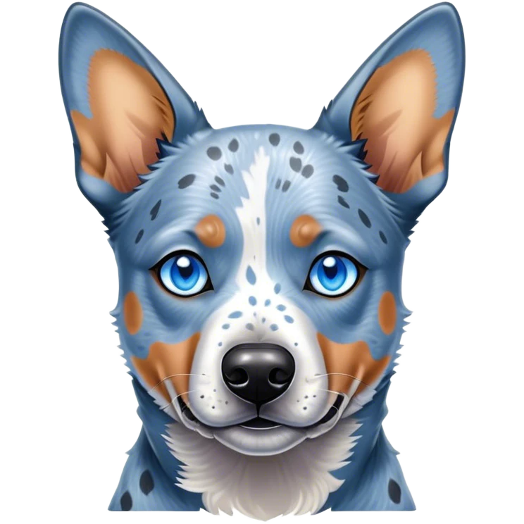 Cinematic Noble Blue Speckle Australian Cattle Dog Portrait Emoji, Poised and regal, with a robust, athletic build and a striking blue speckle Fur, piercing blue eyes, Simplified yet sharp and sophisticated features, highly detailed, glowing with a cool, dignified glow, high shine, intelligent and hardworking, stylized with an air of precision, focused and attentive, soft glowing outline, capturing the essence of a watchful and determined herder, so majestic it feels as though it could leap out of the screen with effortless authority! emoji
